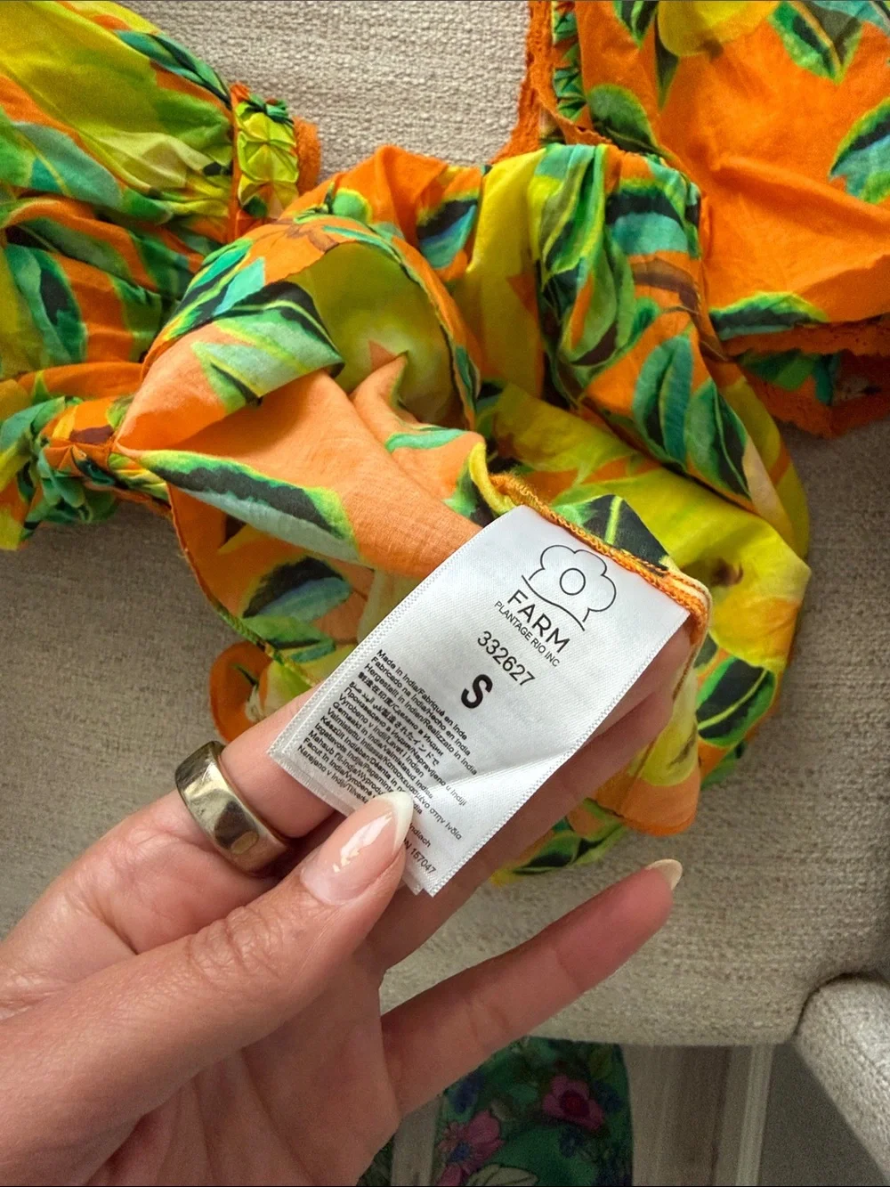 FARM Rio Orange Pear-Print Puff Sleeve Top